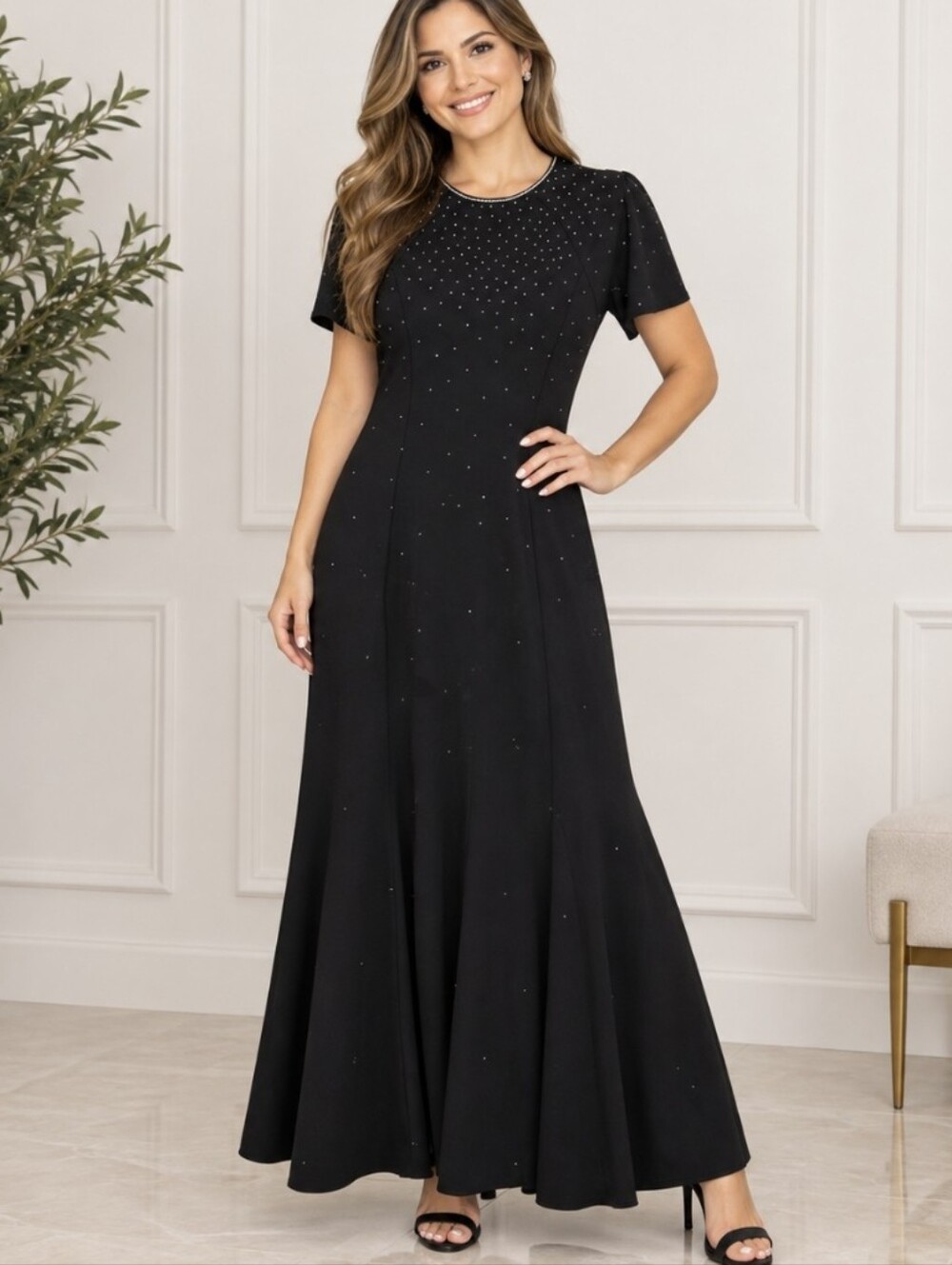 Black Maxi Dress with Subtle Rhinestone Accents                   (SKU 0044)